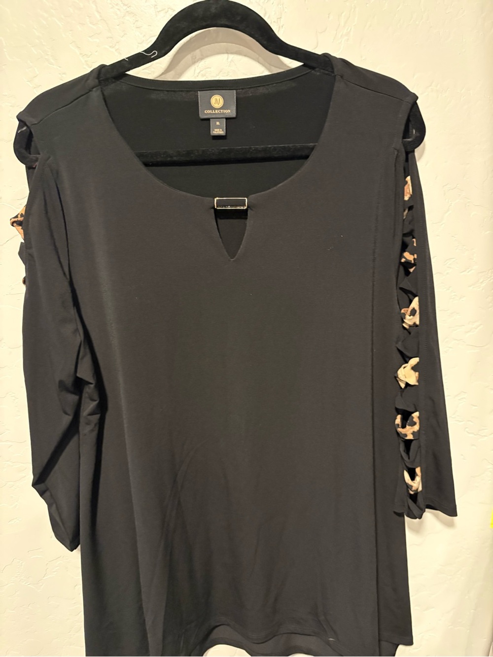 JM Collection Black Cold-Shoulder Long Sleeve Dress with Leopard Trim